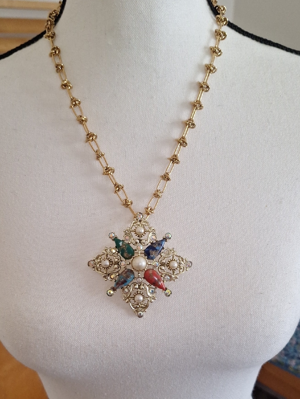 Vintage Gold-Tone Multicolor Stone and Pearl Cross Pendant Necklace/Brooch